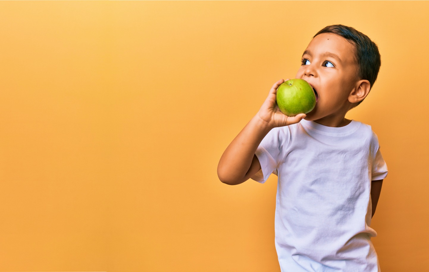 A banner with a yellow background, featuring a young boy in a white shirt, eating a green apple loading=
